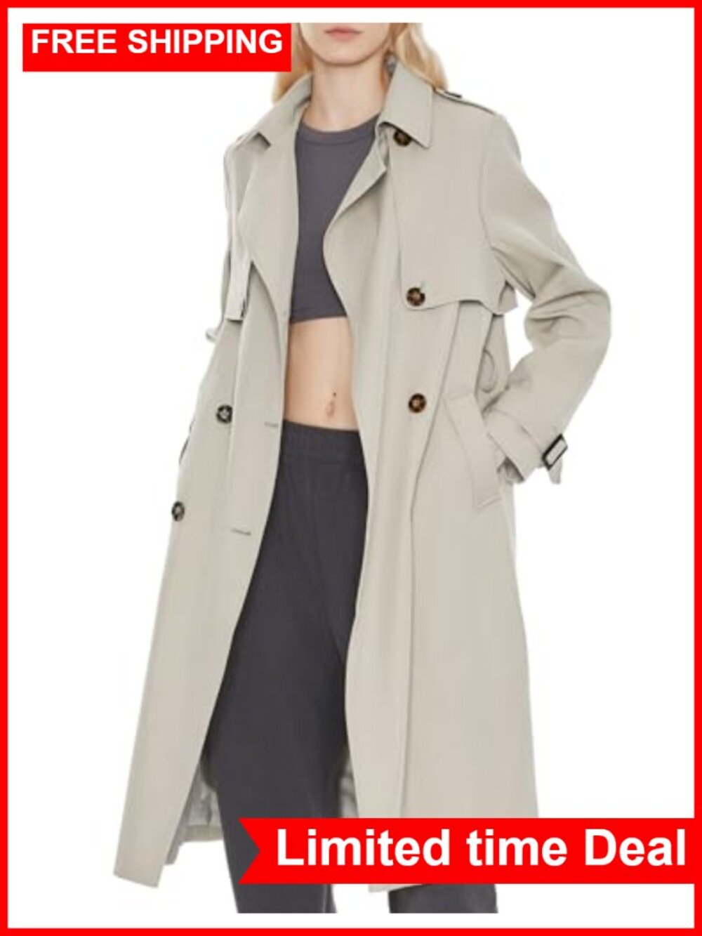 Women's Long Trench Coat Lightweight Double-Breasted Belted Overcoat